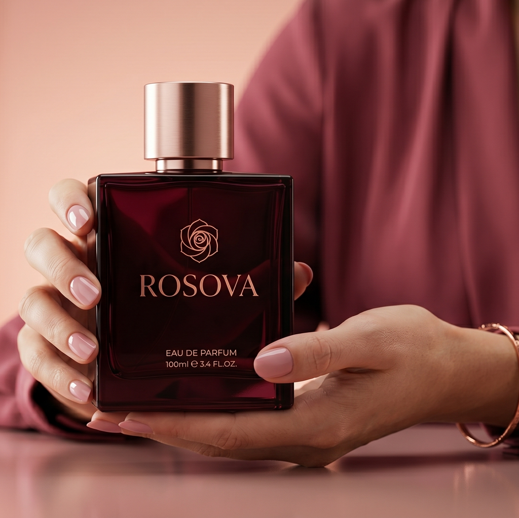 Hand holding a Rosova perfume bottle with a blurred background