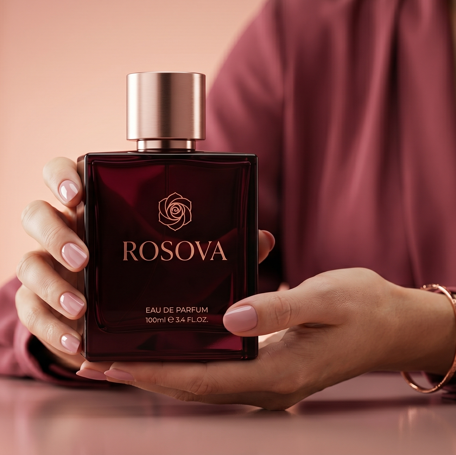 Hand holding a Rosova perfume bottle with a blurred background