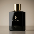 Black Rosova perfume bottle with gold cap on a beige background