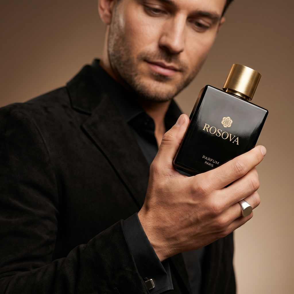 Man holding a black Rosova perfume bottle in a blurred indoor setting